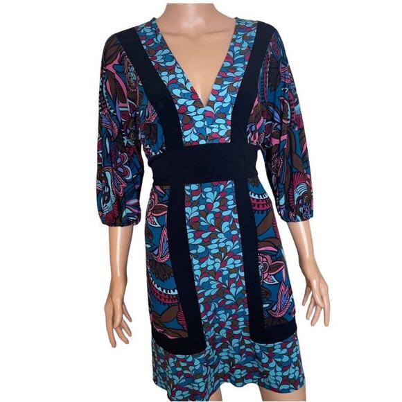 BISOU BISOU Women's Dress Black w/ Floral Pattern Size sm tie waist geometric - Picture 1 of 10